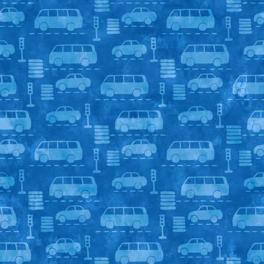 On the Go Automobiles Blue Jason Yenter In The Beginning Cotton Fabric