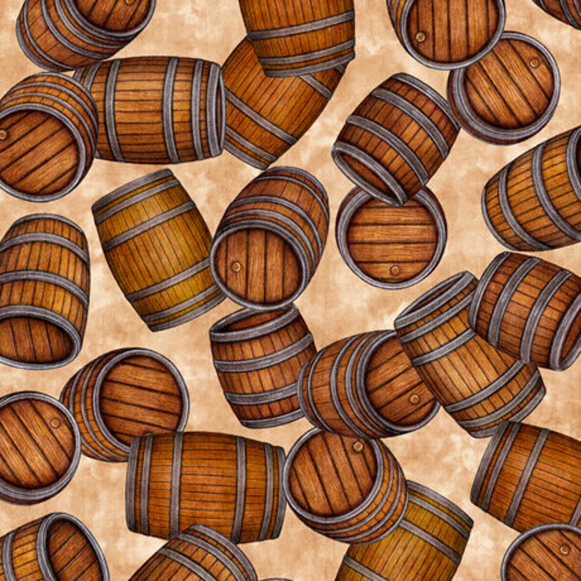 On Tap Barrels Brown Quilting Treasures Cotton Fabric | US Fabric Shop