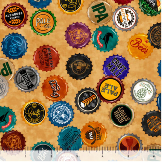 On Tap Beer Bottle Caps Gold Quilting Treasures Cotton Fabric