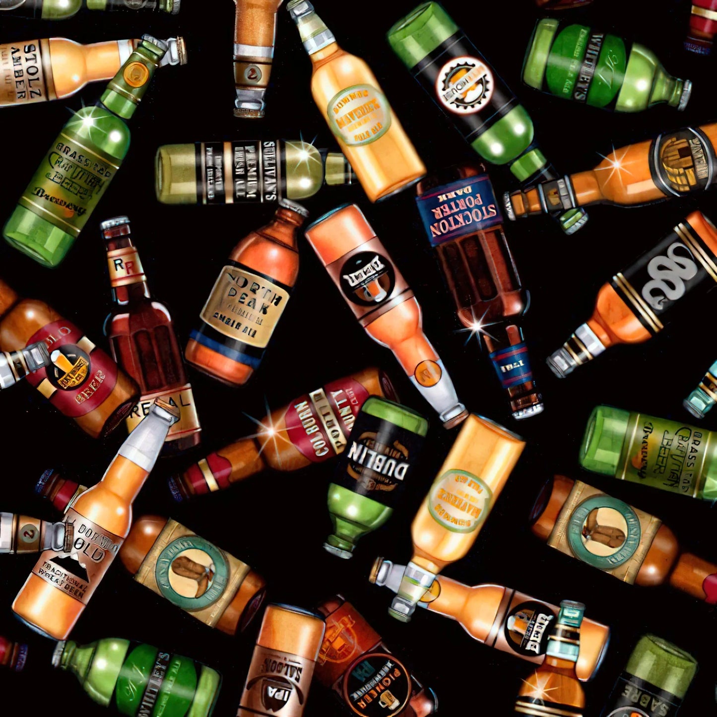 On Tap Beer Bottles Black Quilting Treasures Cotton Fabric