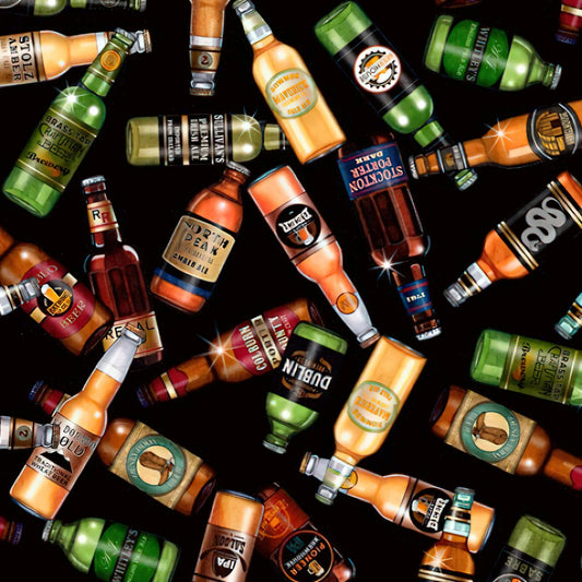 On Tap Beer Bottles Black Quilting Treasures Cotton Fabric