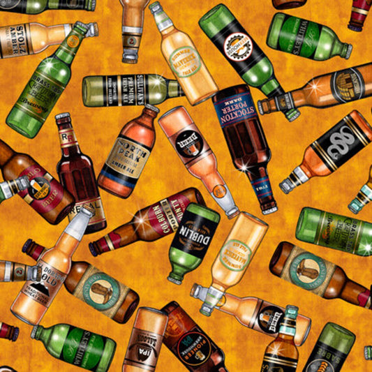 On Tap Beer Bottles Gold Quilting Treasures Cotton Fabric