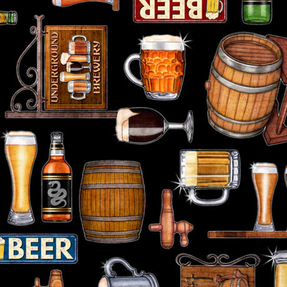 On Tap Beer Motifs Black Quilting Treasures Cotton Fabric