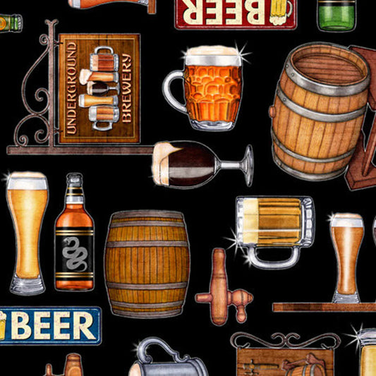 On Tap Beer Motifs Black Quilting Treasures Cotton Fabric