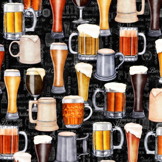On Tap Mugs Glasses Black Quilting Treasures Cotton Fabric