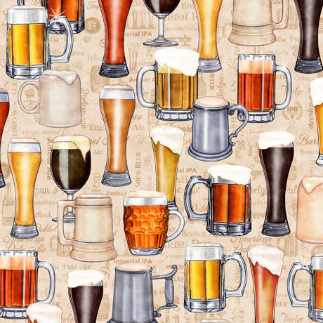 On Tap Mugs Glasses Cream Quilting Treasures Cotton Fabric