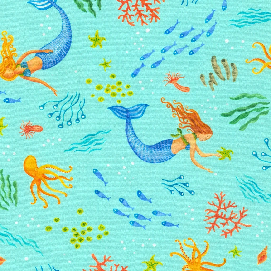 Once Upon a Mermaid Sea Life Mermaid Aqua Blue Nutshell Designs Inc Robert Kaufman Cotton Fabric