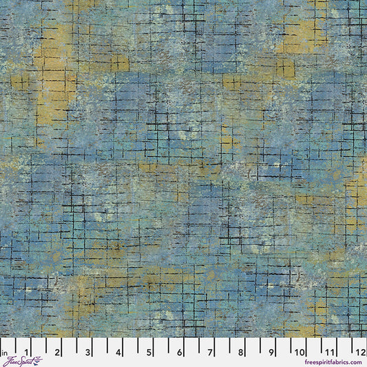 One Layer Away Grid Graph Ocean Blue Beige Seth Apter Free Spirit Cotton Fabric FS-PWSE060.OCEAN