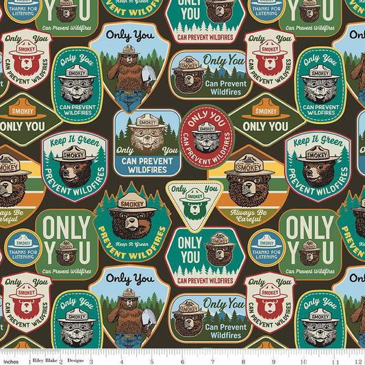 Only You Ma Smokey Bear Patches Bark Brown Riley Blake Cotton Fabric