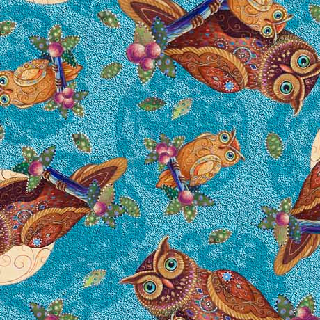 Opulent Owls Tossed Owl Turquoise Marjorie Sarnat Quilting Treasures Cotton Fabric