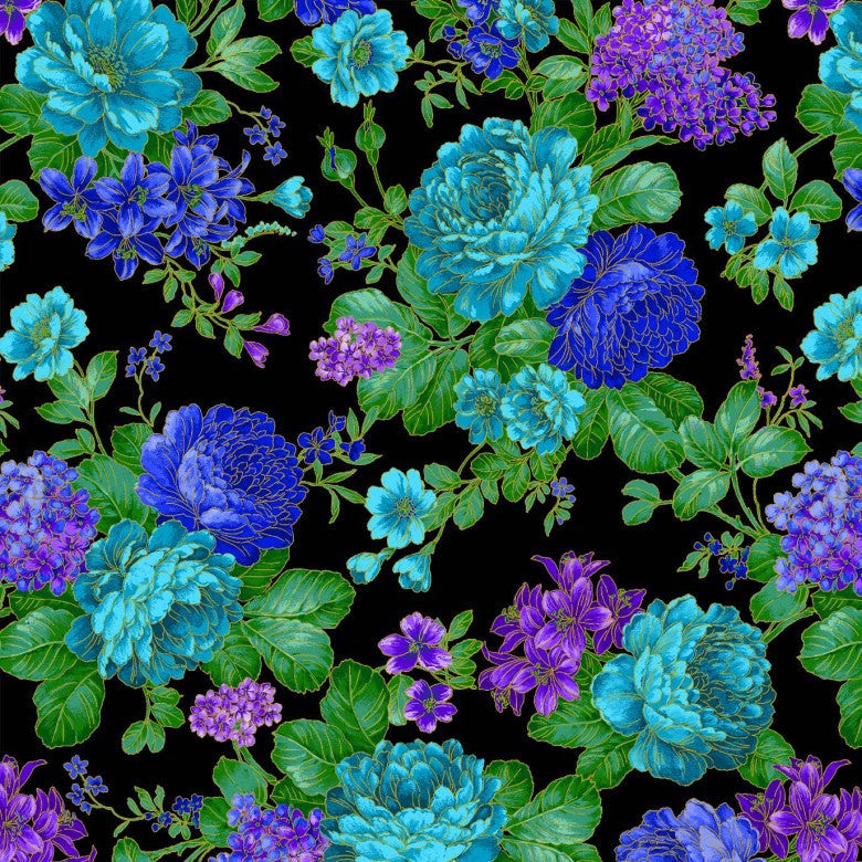 Opulent Bouquet Floral 108" Wide Backing Blue Michael Miller Fabrics Cotton Fabric MM-WBX10570-BLUE-D