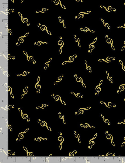 Orchestra Music G-Clefs Metallic Black Timeless Treasures Cotton Fabric