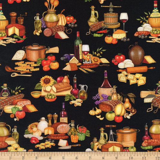 Order Up Italian Vignettes Food Black Quilting Treasures Cotton Fabric
