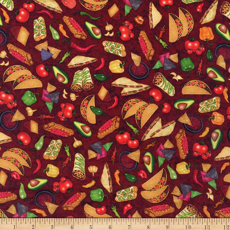 Order Up Mexican Food Burgundy Red Quilting Treasures Cotton Fabric