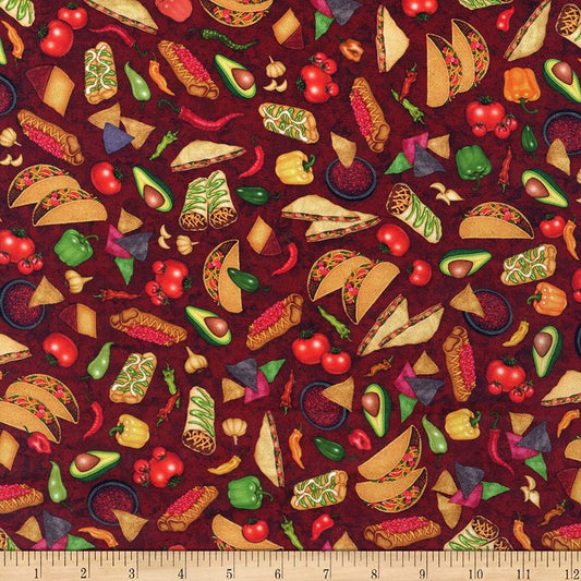 Order Up Mexican Food Burgundy Red Quilting Treasures Cotton Fabric
