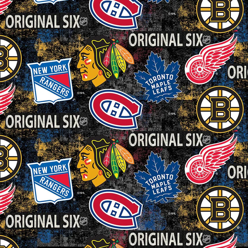Original Six NHL Hockey Distress Tossed Logo Sykel Enterprises Cotton Fabric NHL-1224-ORG6