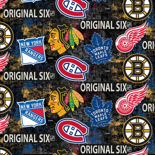 Original Six NHL Hockey Distress Tossed Logo Sykel Enterprises Cotton Fabric NHL-1224-ORG6
