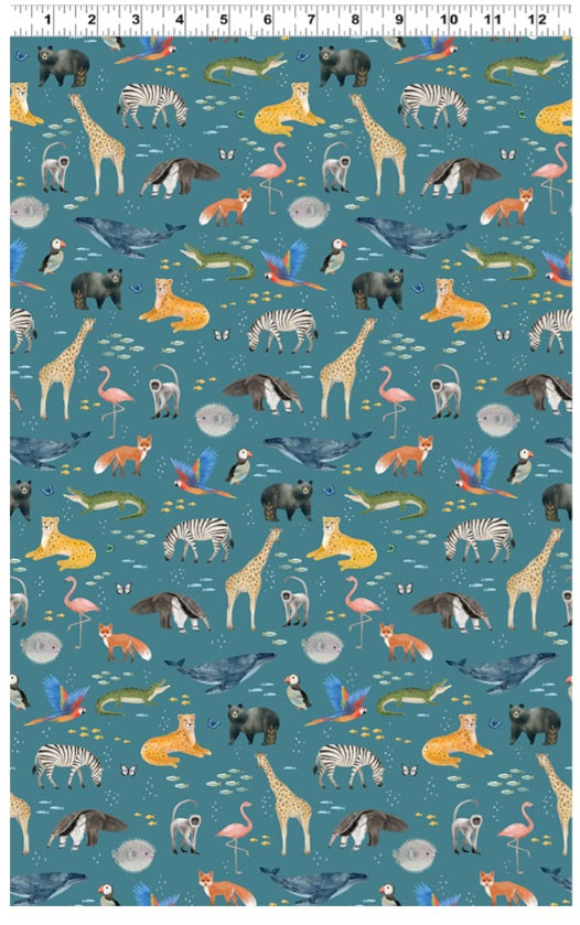Our World Digital Animals Dark Sky Blue Kendra Binney Clothworks Cotton Fabric CLT-Y4933-99