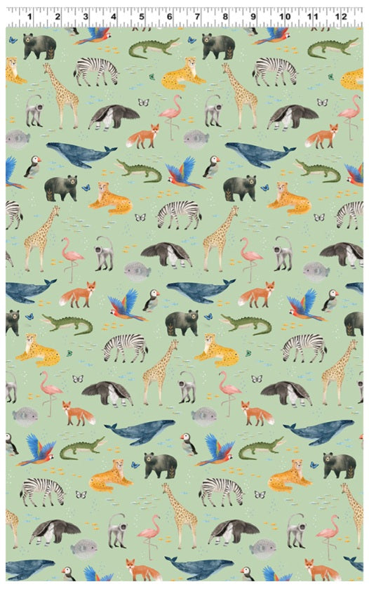 Our World Digital Animals Mint Green Kendra Binney Clothworks Cotton Fabric CLT-Y4933-110
