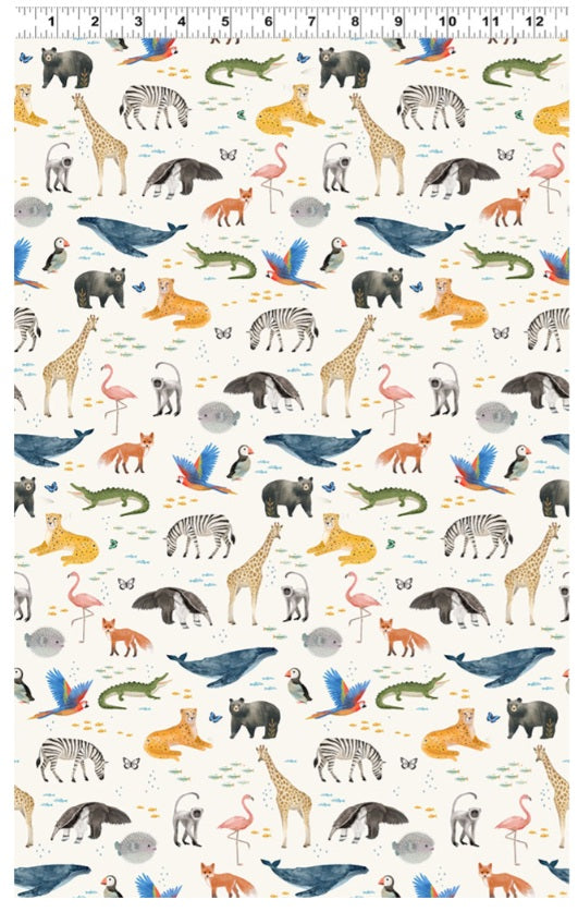 Our World Digital Animals Cream Kendra Binney Clothworks Cotton Fabric CLT-Y4933-2