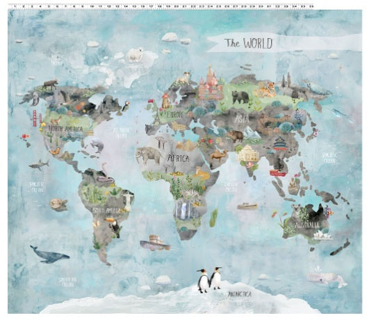 Our World Digital World Map Panel 36" Kendra Binney Clothworks Cotton Fabric CLT-Y4931-55