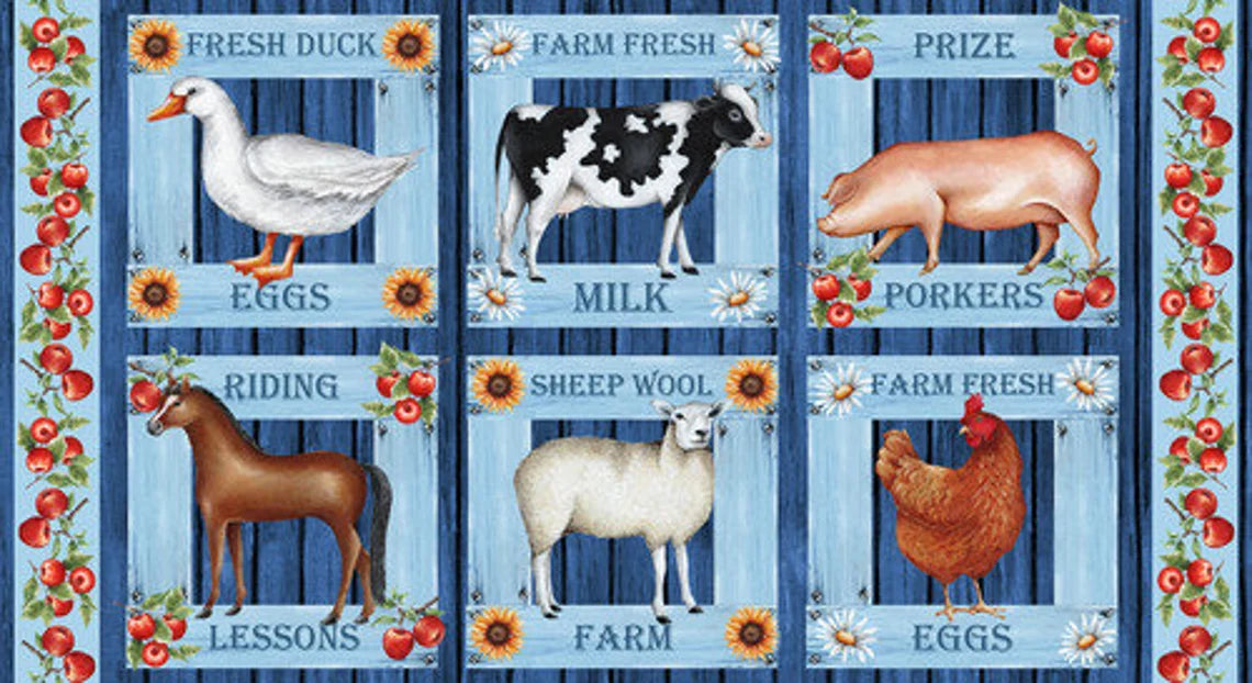 Out To Pasture Farm Animals Block Panel 24" Blue Emma Leach Blank Quilting Cotton Fabric BQ-2354-77