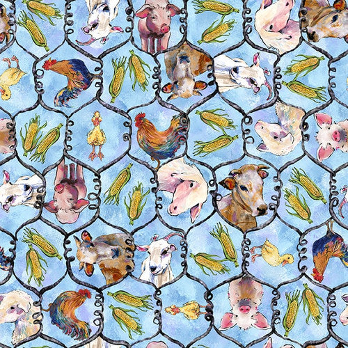 Out of Farm's Way Farm Animals Corn Hexagon Geo Light Blue Anne Gregory Blank Quilting Cotton Fabric