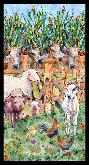 Out of Farm's Way Farm Animals Panel 24" Print Green Anne Gregory Blank Quilting