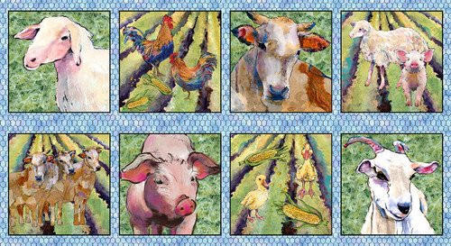 Out of Farm's Way Farm Blocks Panel 24" Print Green Anne Gregory Blank Quilting Cotton Fabric