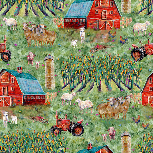 Out of Farm's Way Farm Scenic Barn Animals Tractor Green Anne Gregory Blank Quilting Cotton Fabric