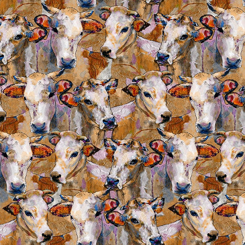 Out of Farm's Way Packed Cows Tonal Print Fawn Brown Anne Gregory Blank Quilting Cotton Fabric