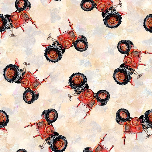 Out of Farm's Way Tossed Farm Tractors Print Ivory Cream Anne Gregory Blank Quilting Cotton Fabric