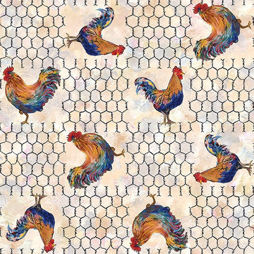 Out of Farm's Way Tossed Hens and Chicken Wire Ivory Cream Anne Gregory Blank Quilting Cotton Fabric