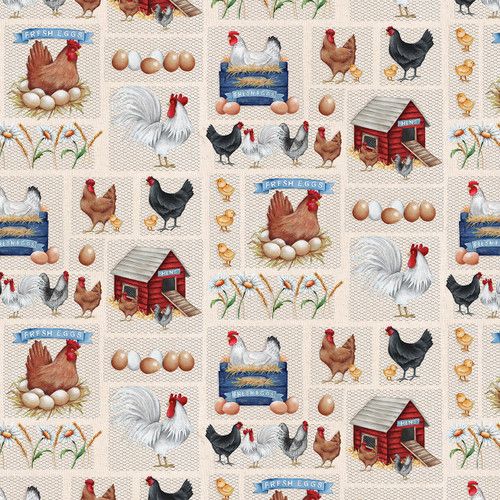Out To Pasture Chicken Egg Hen Red Coop Patch Ivory Emma Leach Blank Quilting Cotton Fabric