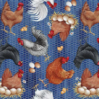 Out To Pasture Tossed Chicken Eggs Blue Emma Leach Blank Quilting Cotton Fabric