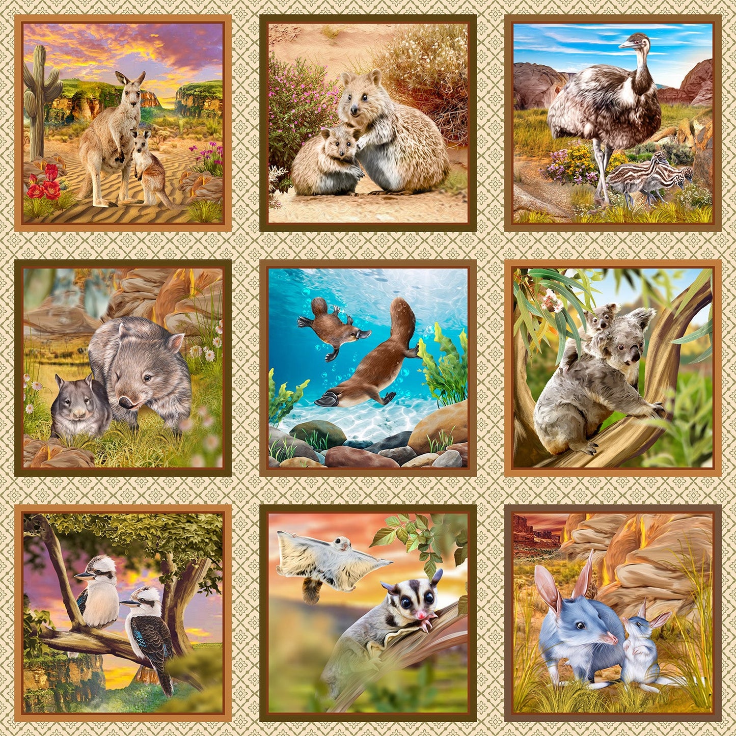 Outback Magic Australian Animals Patchwork Panel 36" Kennard & Kennard Cotton Fabric KK-4035-B