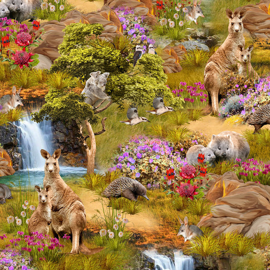 Outback Magic Australian Animals Scenic Multi Kennard & Kennard Cotton Fabric KK-4035-D