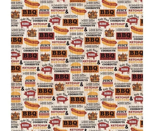 Outdoor Kitchen Words BBQ Beige Michael Miller Cotton Fabric