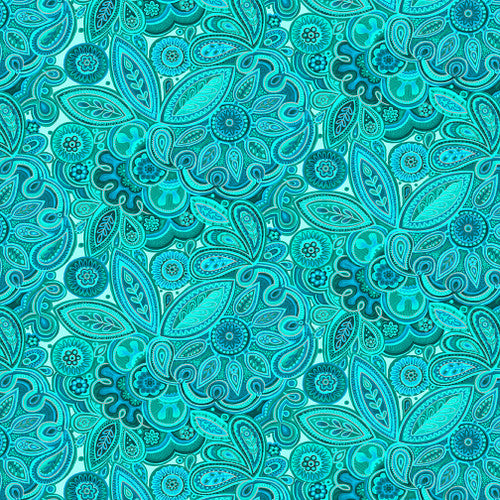 Ovarian Cancer Inspiration Medallion Floral Tonal Teal Blue Blank Quilting Cotton Fabric