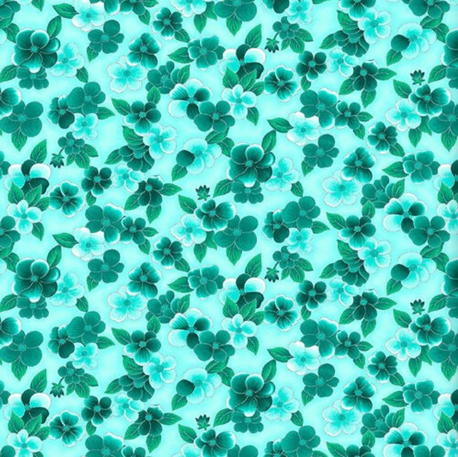 Ovarian Cancer Inspiration Pansy Floral Allover Tonal Teal Blue Blank Quilting Cotton Fabric