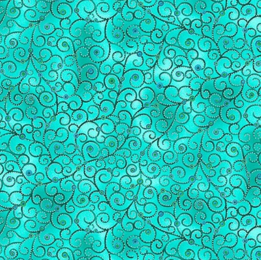 Ovarian Cancer Inspiration Scroll Swirls Tonal Teal Blue Blank Quilting Cotton Fabric