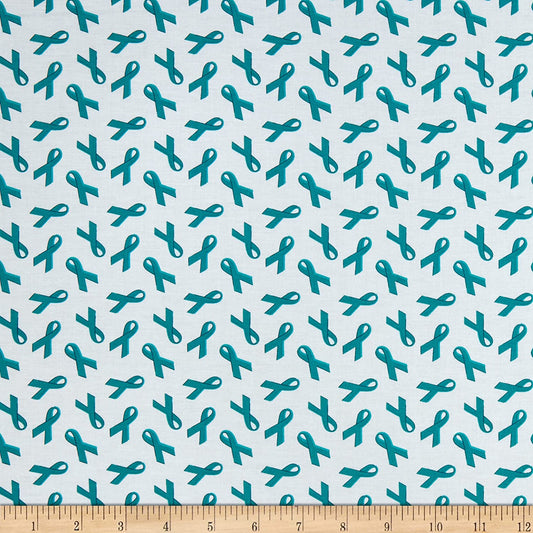 Ovarian Cancer Teal Scroll Metallic Blank Quilting Cotton Fabric