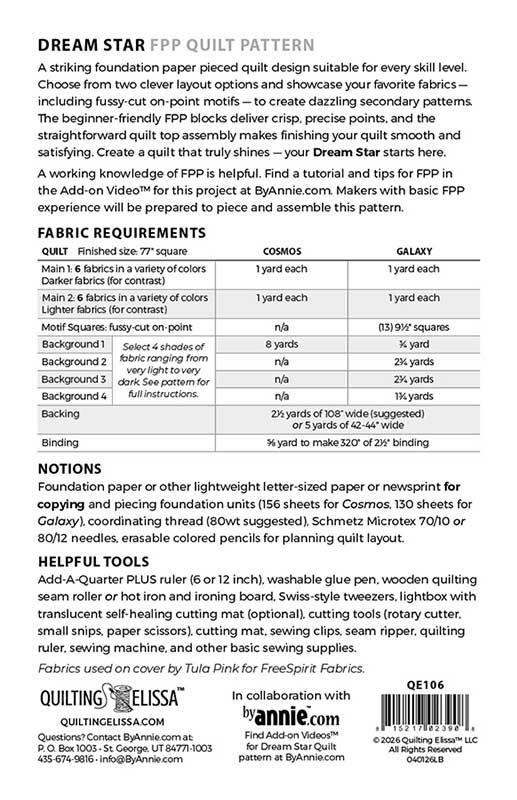 Dream Star Quilt Pattern Quilting Elissa ByAnnie BYA-QE106