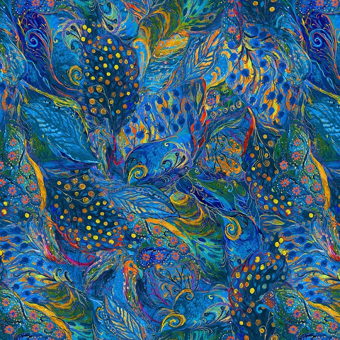 Painted Peacock Feathers Blue Timeless Treasures Cotton Fabric