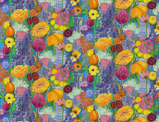Painted Floral Checkerboard Patch Multi Sykel Enterprises Cotton Fabric SYK-10509