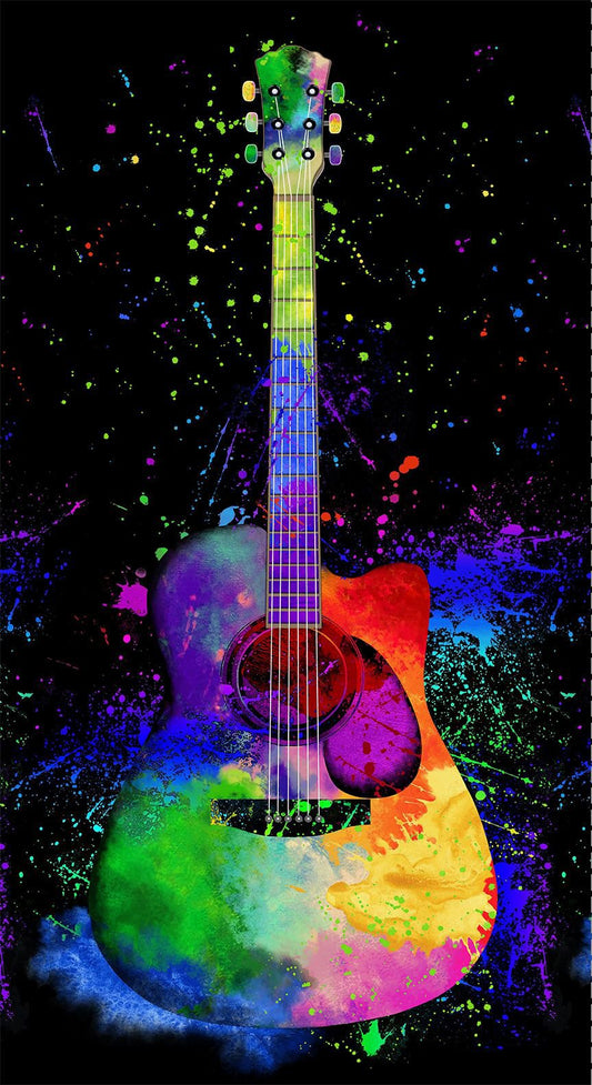 Painted Guitar Panel 24" Timeless Treasures Cotton Fabric TT-PANEL-CD3673-BLACK