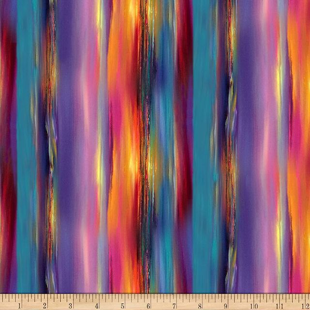 Painted Peacock Trees Stripe Rainbow Multi Timeless Treasures Cotton Fabric