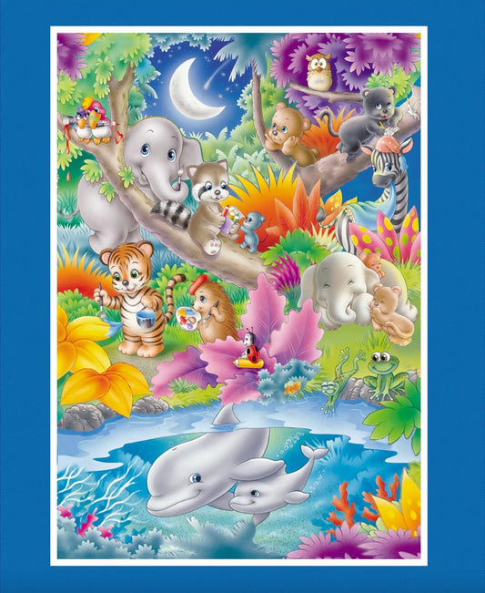 Painting the World Baby Animals Panel 36" Cyan Blue Lorella Avinci Studio E Cotton Fabric