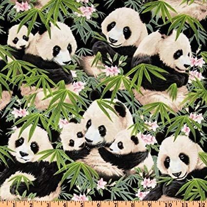 Pandas flowers leaves Black Elizabeth's Studio Cotton Fabric