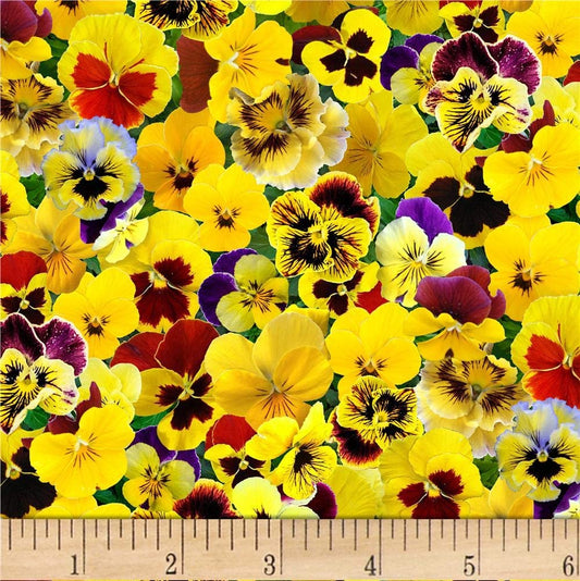 Pansies Lovely Yellow Elizabeth's Studio Cotton Fabric